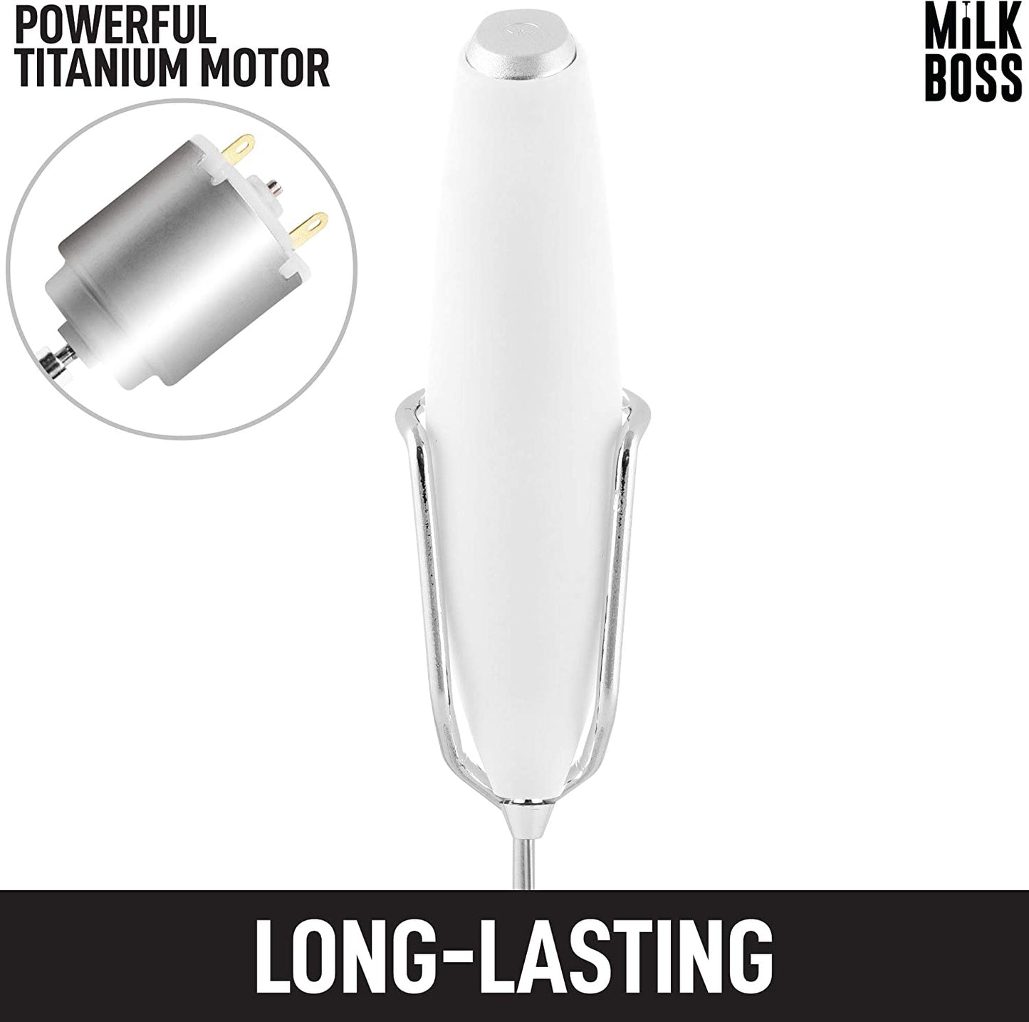 Milk Boss Matcha Whisk - Handheld Electric Stirrer - Frother Wand & Drink Mixer - Durable Stainless Steel - White Ultra Stand