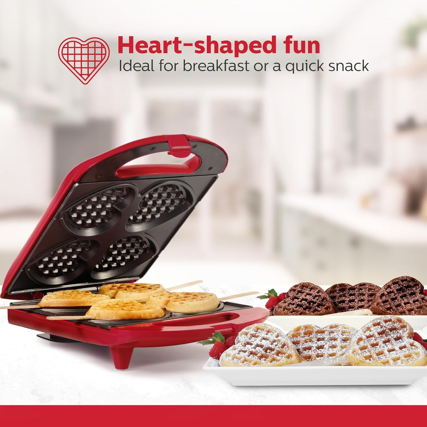 Holstein Housewares 4-Section Heart Shaped Waffle Maker, Non-Stick Waffle Iron, Mini Waffle Maker for Kids, Non-Toxic Coating, Easy to Clean, Makes 4 Heart-Shaped Waffles in Minutes, Red