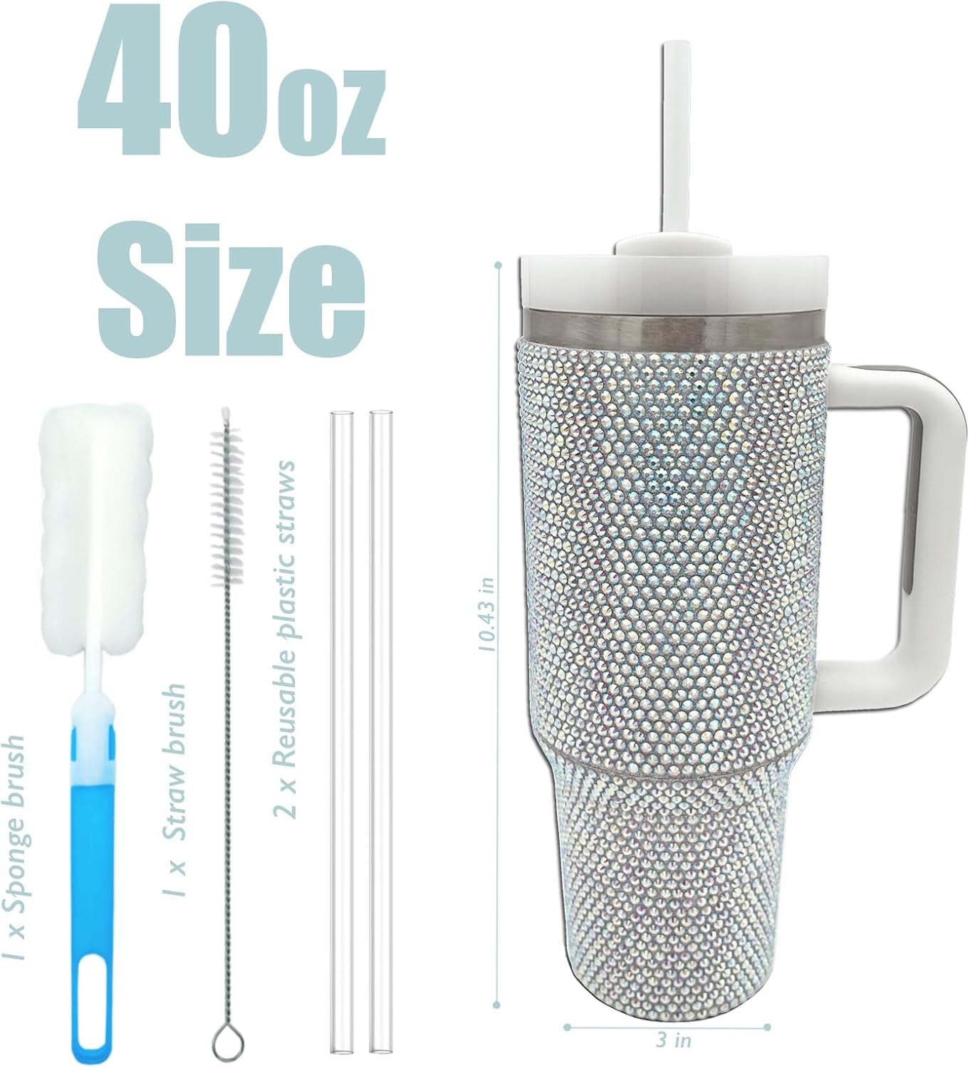 40Oz Bling Tumbler with Handle and Straw Lid Rhinestone Studded Tumbler Cups Vac