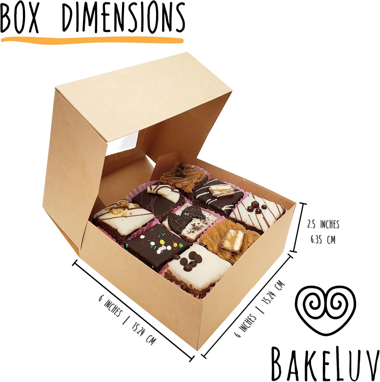 BAKELUV 25 Pcs Brown Bakery Boxes with Window 6X6X2.5 Inches Cookie Boxes, Pastry, Treats, Dessert, Small Cake, Brownie, Cupcakes, Chocolate Covered Strawberries | Auto-Popup |