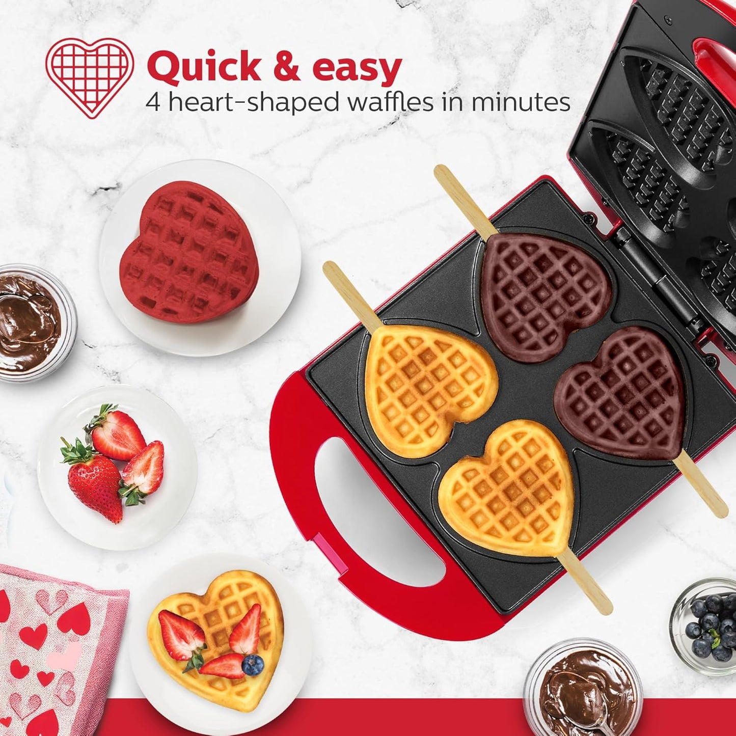 Holstein Housewares 4-Section Heart Shaped Waffle Maker, Non-Stick Waffle Iron, Mini Waffle Maker for Kids, Non-Toxic Coating, Easy to Clean, Makes 4 Heart-Shaped Waffles in Minutes, Red