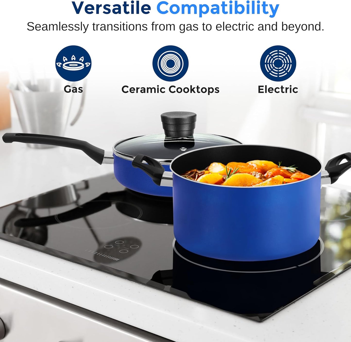 Serenelife 20-Piece Blue Cookware and Knives Set - Includes Multi-Sized Nonstick Pots and Pans with Lids and Utensils, Heat Resistant, Dishwasher Safe