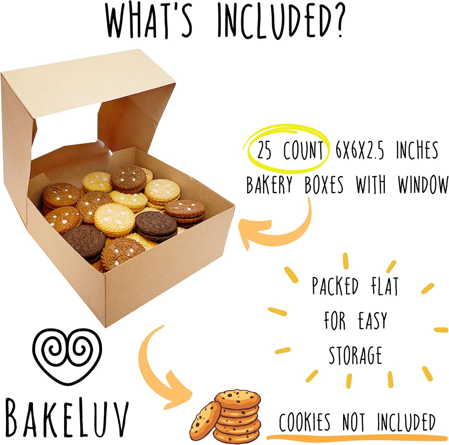 BAKELUV 25 Pcs Brown Bakery Boxes with Window 6X6X2.5 Inches Cookie Boxes, Pastry, Treats, Dessert, Small Cake, Brownie, Cupcakes, Chocolate Covered Strawberries | Auto-Popup |