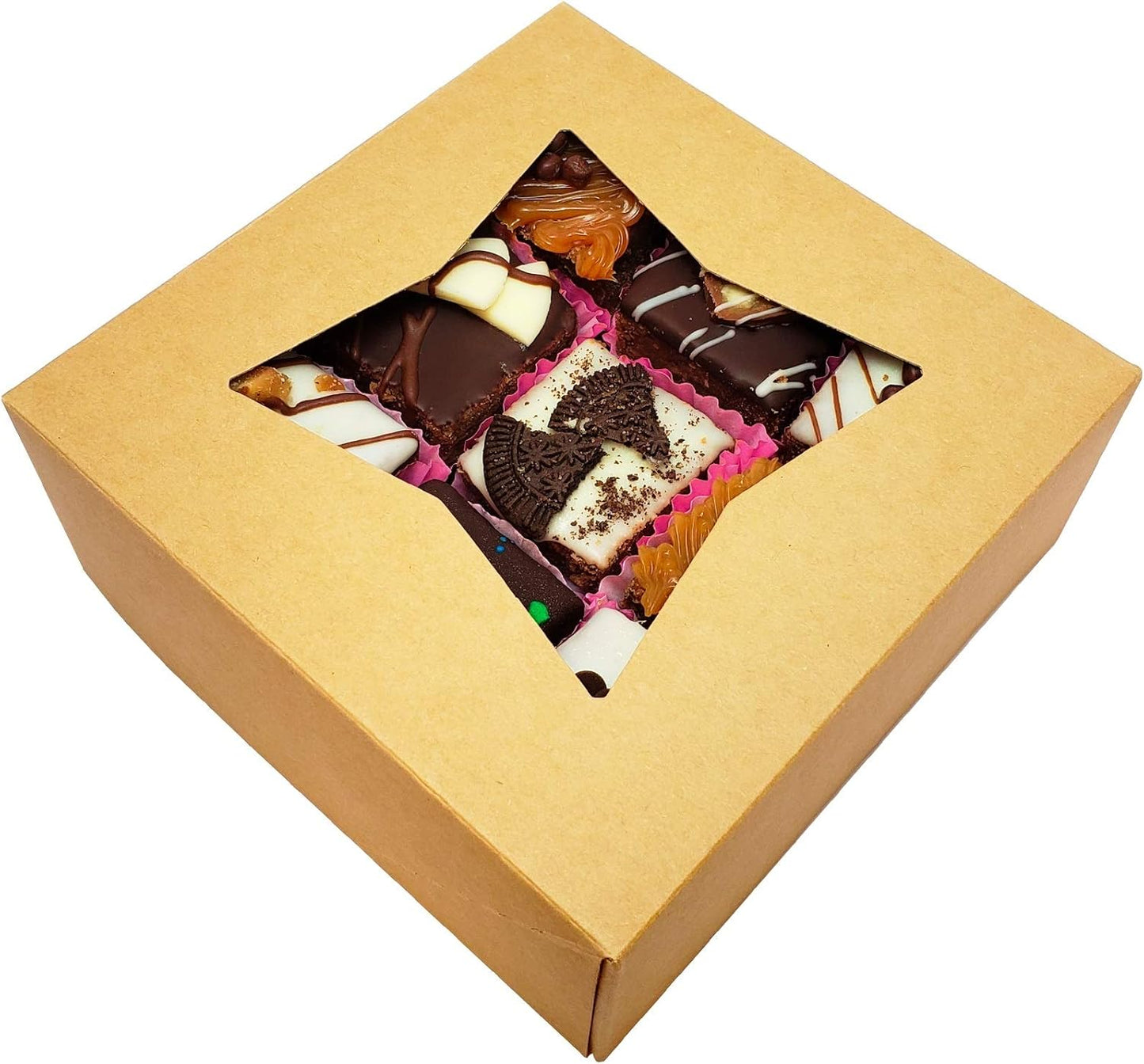 BAKELUV 25 Pcs Brown Bakery Boxes with Window 6X6X2.5 Inches Cookie Boxes, Pastry, Treats, Dessert, Small Cake, Brownie, Cupcakes, Chocolate Covered Strawberries | Auto-Popup |