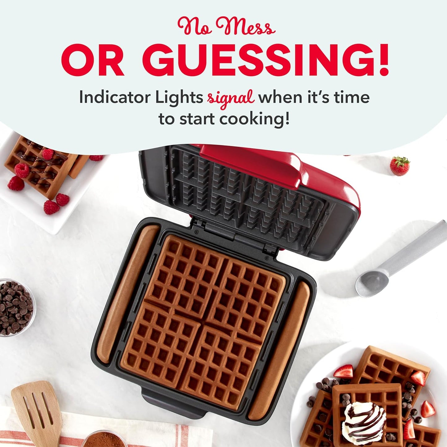 Dash Deluxe No-Drip Waffle Iron Maker Machine 1200W + Hash Browns, or Any Breakfast, Lunch, & Snacks with Easy Clean, Non-Stick + Mess Free Sides, Red