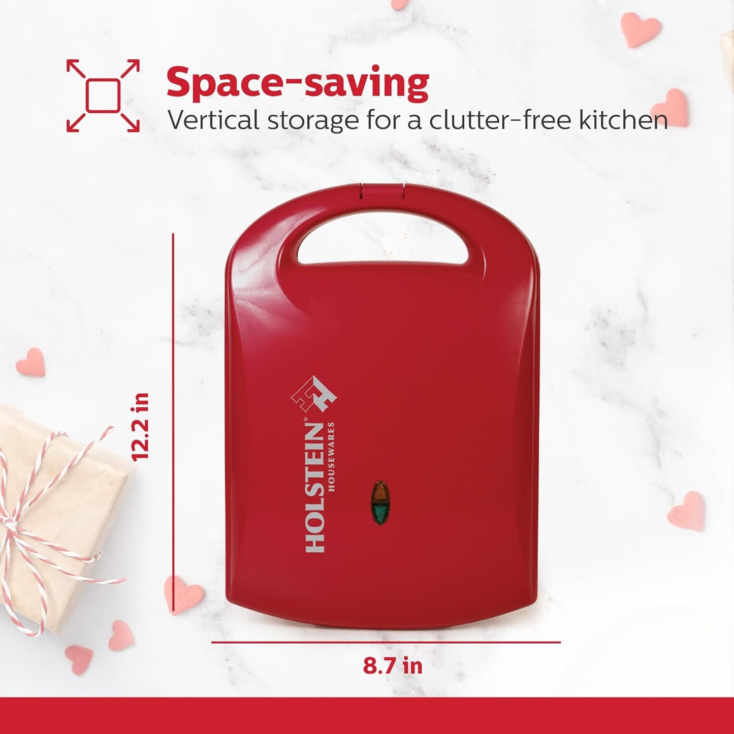 Holstein Housewares 4-Section Heart Shaped Waffle Maker, Non-Stick Waffle Iron, Mini Waffle Maker for Kids, Non-Toxic Coating, Easy to Clean, Makes 4 Heart-Shaped Waffles in Minutes, Red