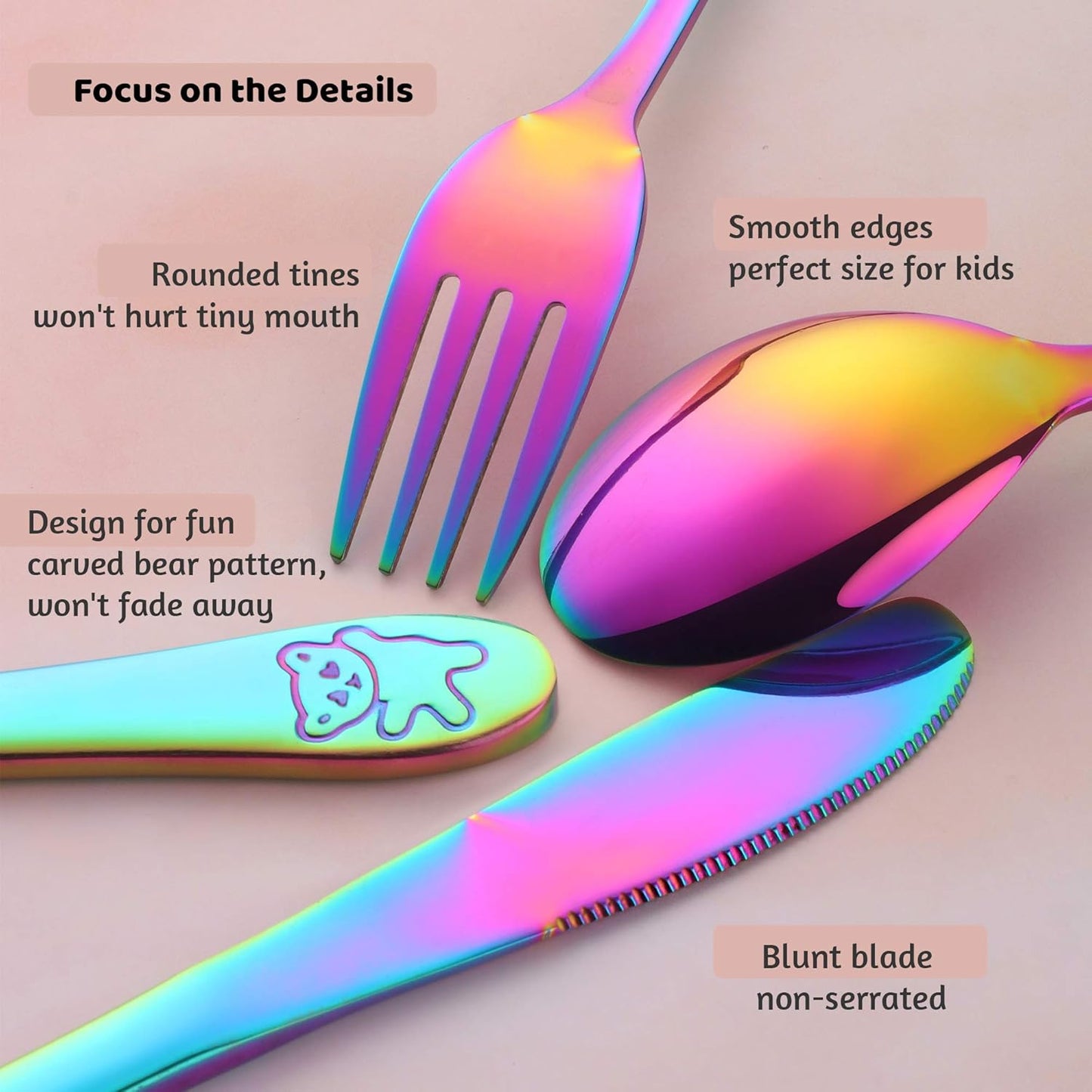Kids Silverware, Poylim Stainless Steel Children Flatware Set, Toddler Utensils Set of 4, Rainbow