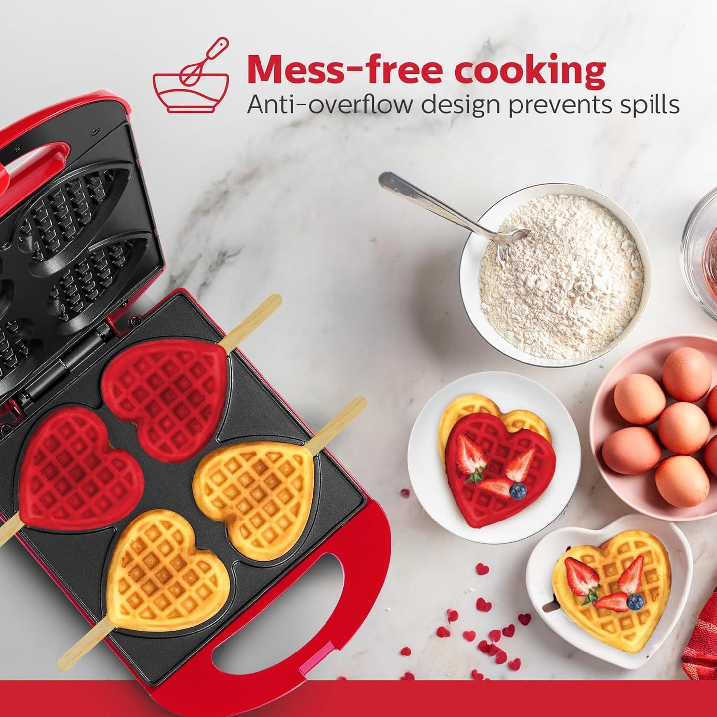 Holstein Housewares 4-Section Heart Shaped Waffle Maker, Non-Stick Waffle Iron, Mini Waffle Maker for Kids, Non-Toxic Coating, Easy to Clean, Makes 4 Heart-Shaped Waffles in Minutes, Red