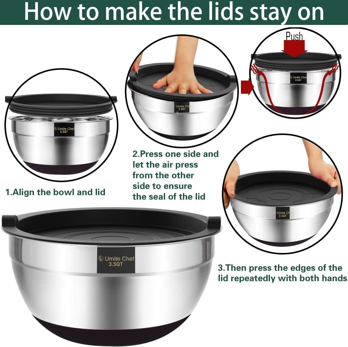 Umite Chef Mixing Bowls with Airtight Lids,6 Piece Stainless Steel Metal Nesting Storage Bowls, Non-Slip Bottoms Size 7, 3.5, 2.5, 2.0,1.5, 1QT, Great for Mixing & Serving(Black)