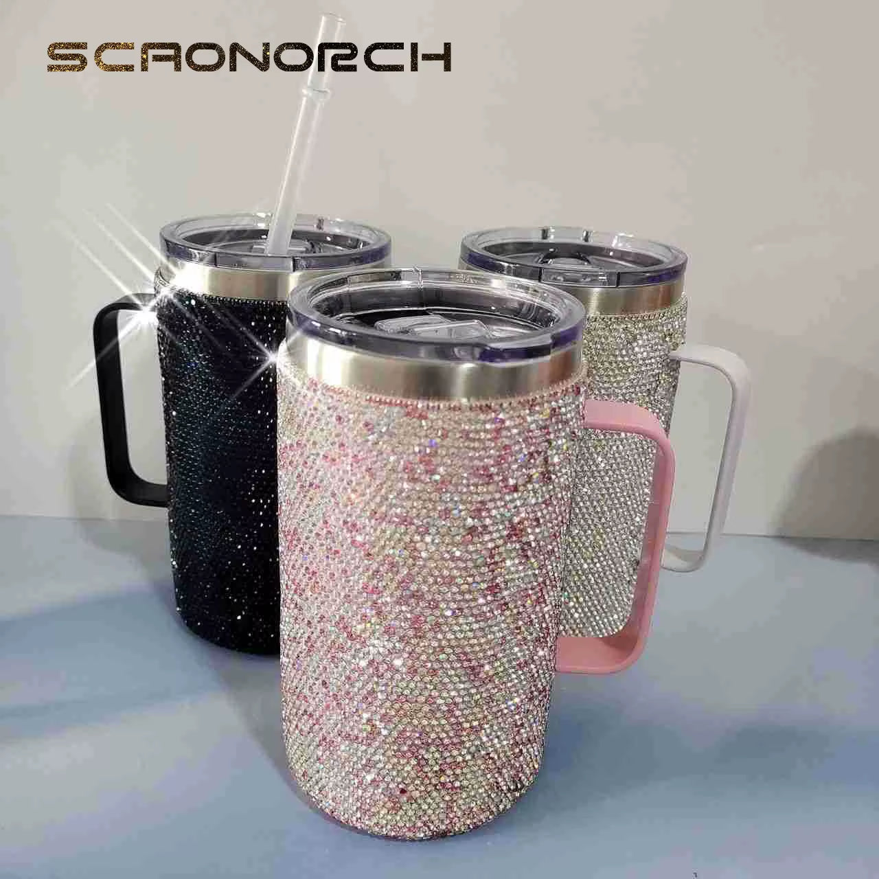 720Ml Stainless Steel Rhinestone Coffee Travel Cup with Handle Lid Diamond Vacuum Insulated Mug Bling Water Bottle Women Gifts