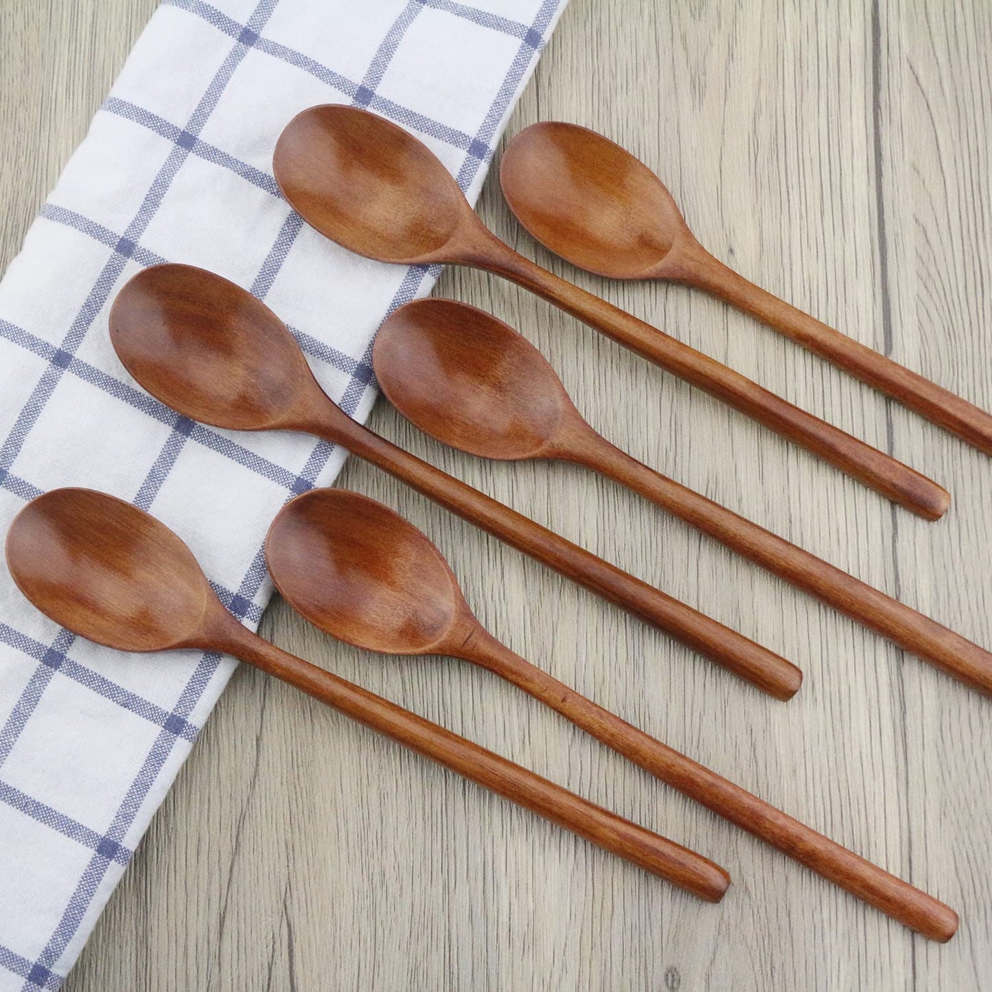 Wooden Spoons, 6 Pieces 9 Inch Wood Soup Spoons for Eating Mixing Stirring, Long Handle Spoon with Japanese Style Kitchen Utensil, Eco Friendly Table Spoon