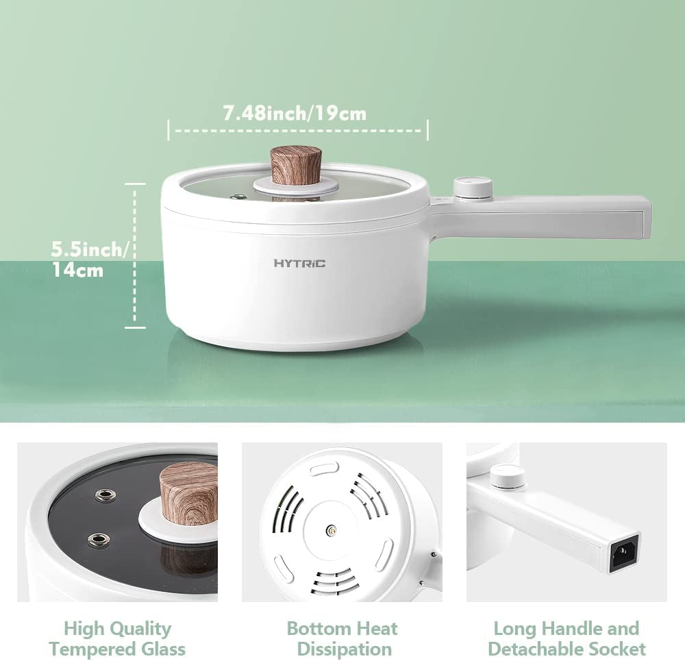 Hytric Electric Hot Pot, 1.5L Portable Nonstick Frying Pan for Sauté, Multifunction Electric Skillet for Stir Fry, Roast, Ramen Cooker with Dual Power Control for Dorm, Electric Saucepan, White