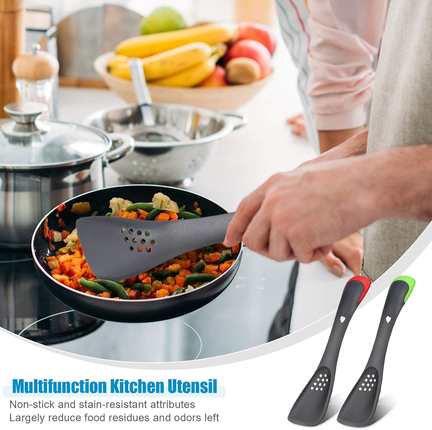 Patelai 2 Pieces 5-In-1Silicone Kitchen Utensil, Slotted Spoon, Turner, Cutting Tool, Solid Spoon and Spatula in One, Grey for Kitchen Serving Stirring Cooking Baking