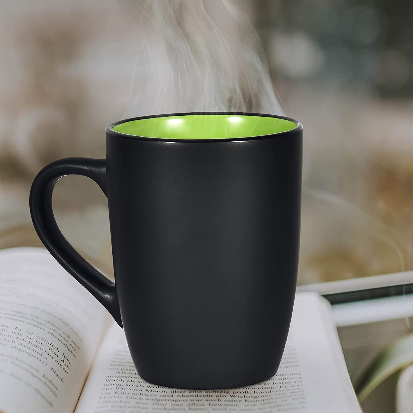 Lifecapido Ceramic Coffee Mug, 1 Pack Large Coffee Mug, 16Oz Restaurant Coffee Mug with Handle, Black Porcelain Mug for Office and Home, Large Ceramic Coffee Cup for Coffee Tea Cocoa Juice, Green