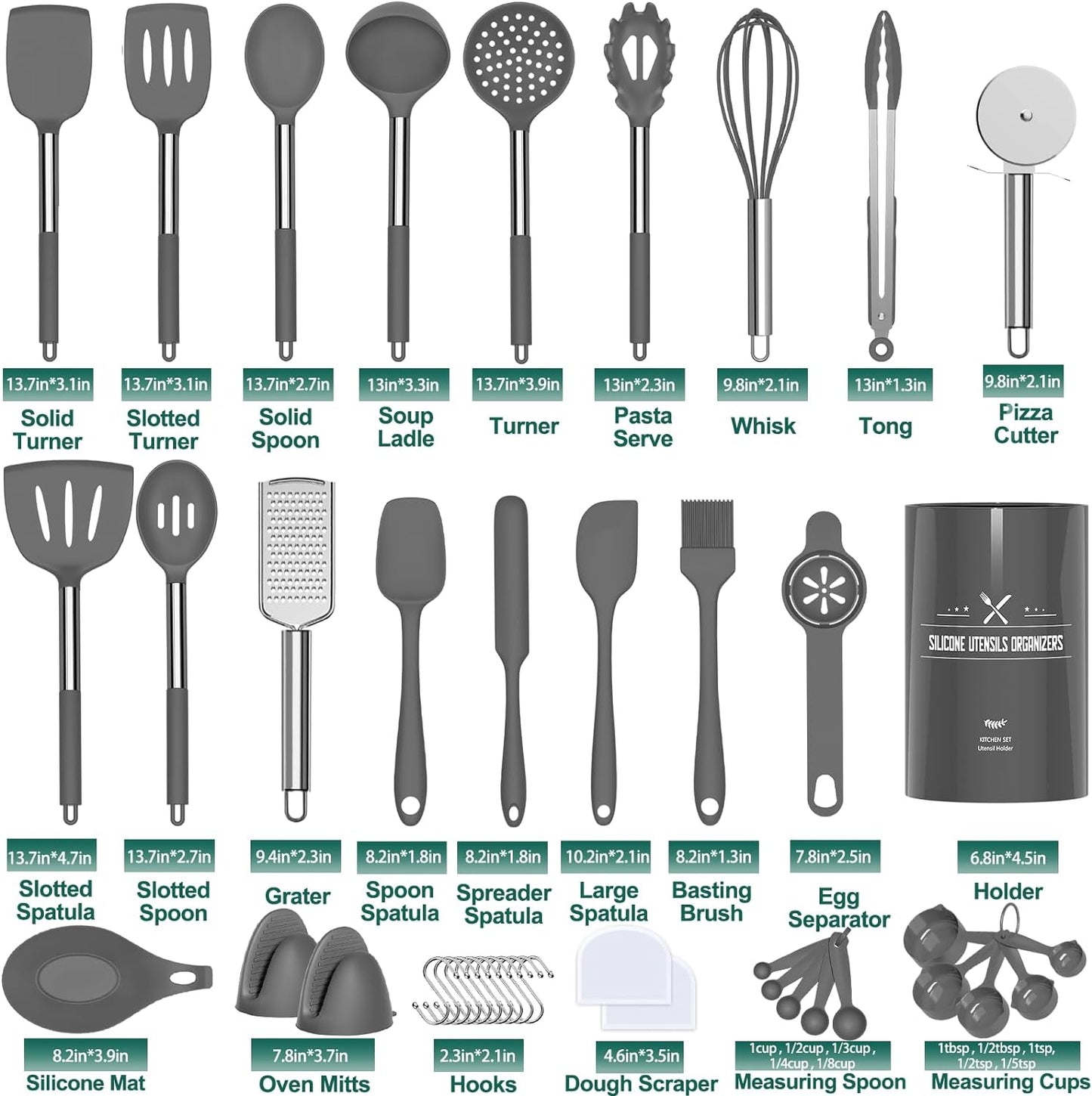 Umite Chef Silicone Kitchen Cooking Utensil Set, 43 Pcs Silicone Spatula with Stainless Steel Handle, Non-Stick Heat Resistant - Best Cookware (Grey)