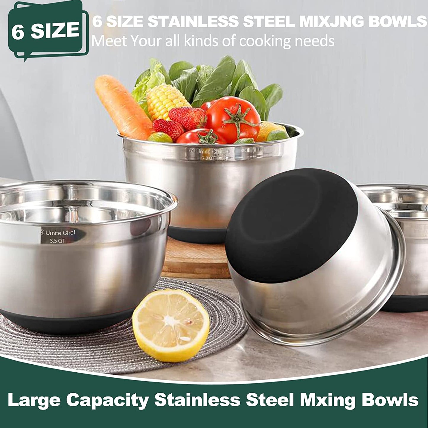 Umite Chef Mixing Bowls with Airtight Lids,6 Piece Stainless Steel Metal Nesting Storage Bowls, Non-Slip Bottoms Size 7, 3.5, 2.5, 2.0,1.5, 1QT, Great for Mixing & Serving(Black)