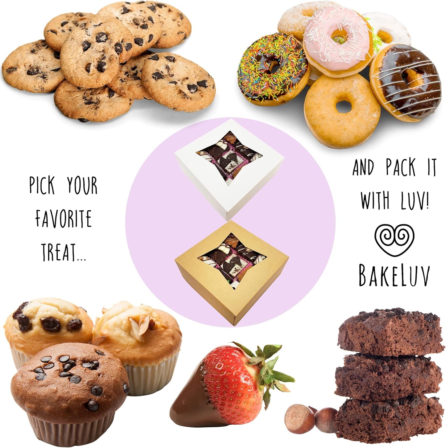 BAKELUV 25 Pcs Brown Bakery Boxes with Window 6X6X2.5 Inches Cookie Boxes, Pastry, Treats, Dessert, Small Cake, Brownie, Cupcakes, Chocolate Covered Strawberries | Auto-Popup |