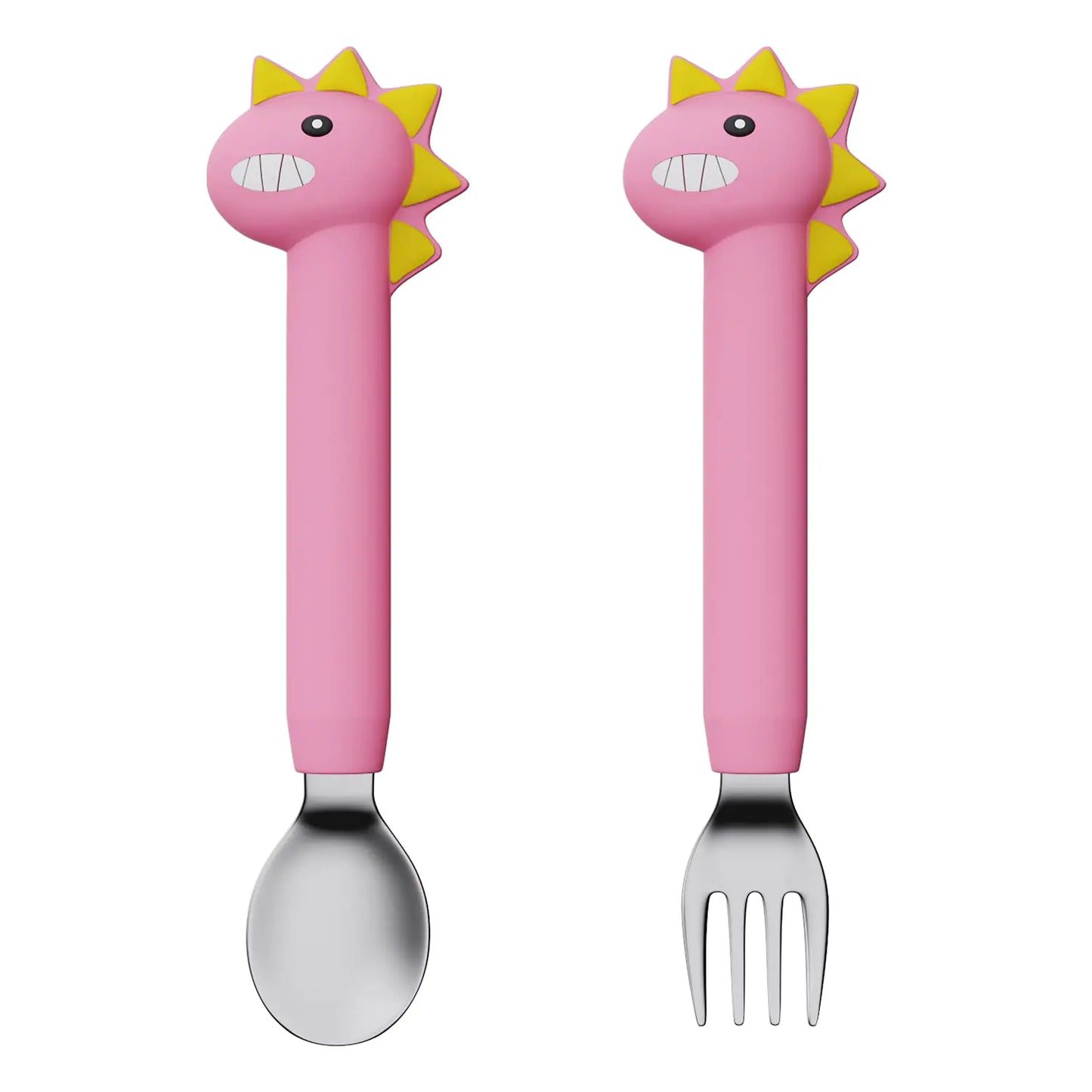 SFCCMM Forks and Spoons Cartoon Set Stainless Steel Utensils Flatware Round Handle Utensils Silverware Flatware Cutlery Set for Home Kitchen and Restaurant (Pink Dinosaur - Long)