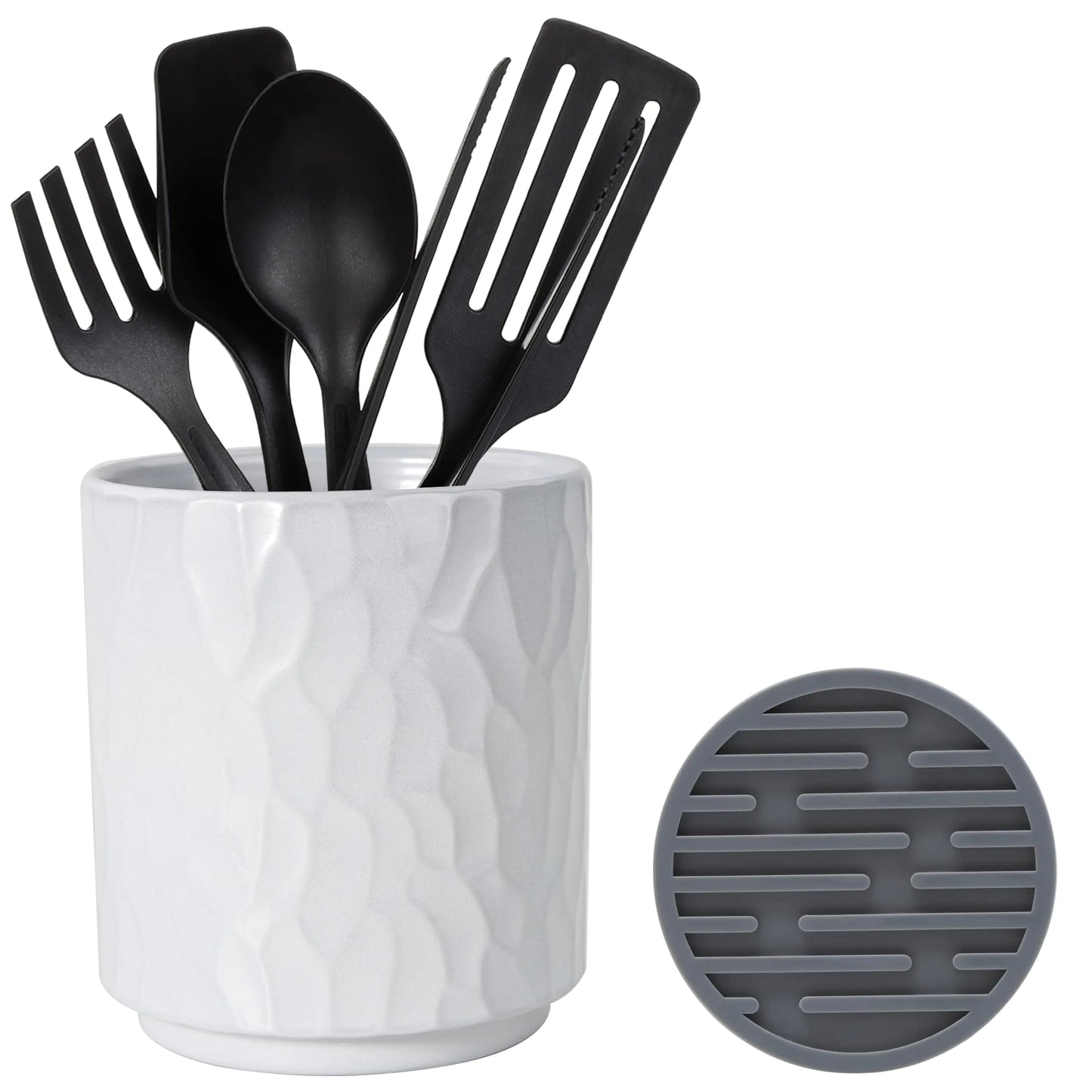 MONOSUGO Small Ceramic Utensil Holder for Kitchen Counter Countertop Cooking Utensil Cup Holder for Kitchen Crock for Utensils on Counter Includes Silicone Drying Mat Geometric Pattern White
