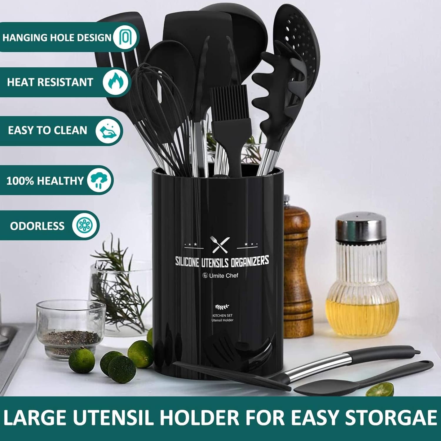Silicone Cooking Utensil Set, Umite Chef 15Pcs Silicone Cooking Kitchen Utensils Set, Non-Stick - Best Kitchen Cookware with Stainless Steel Handle - Black