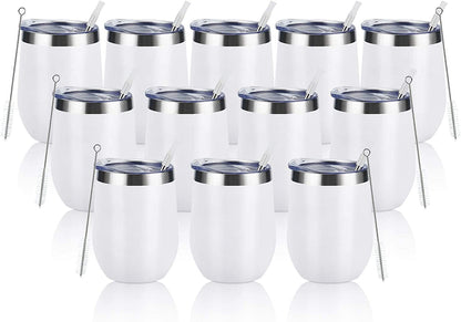 12 Pack Stainless Steel Wine Tumblers, 12Oz Double Wall Vacuum Insulated Wine Tumblers with Lids and Straws, Stainless Steel Stemless Wine Glasses for Coffee, Wine, Cocktails, Champaign, White…
