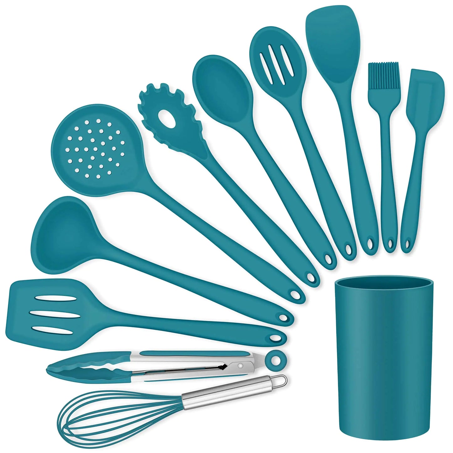 LIANYU 12-Piece Silicone Kitchen Cooking Utensils Set with Holder Kitchen Tools Include Slotted Spatula Spoon Turner Ladle Tong Whisk Dishwasher Safe Dark Blue