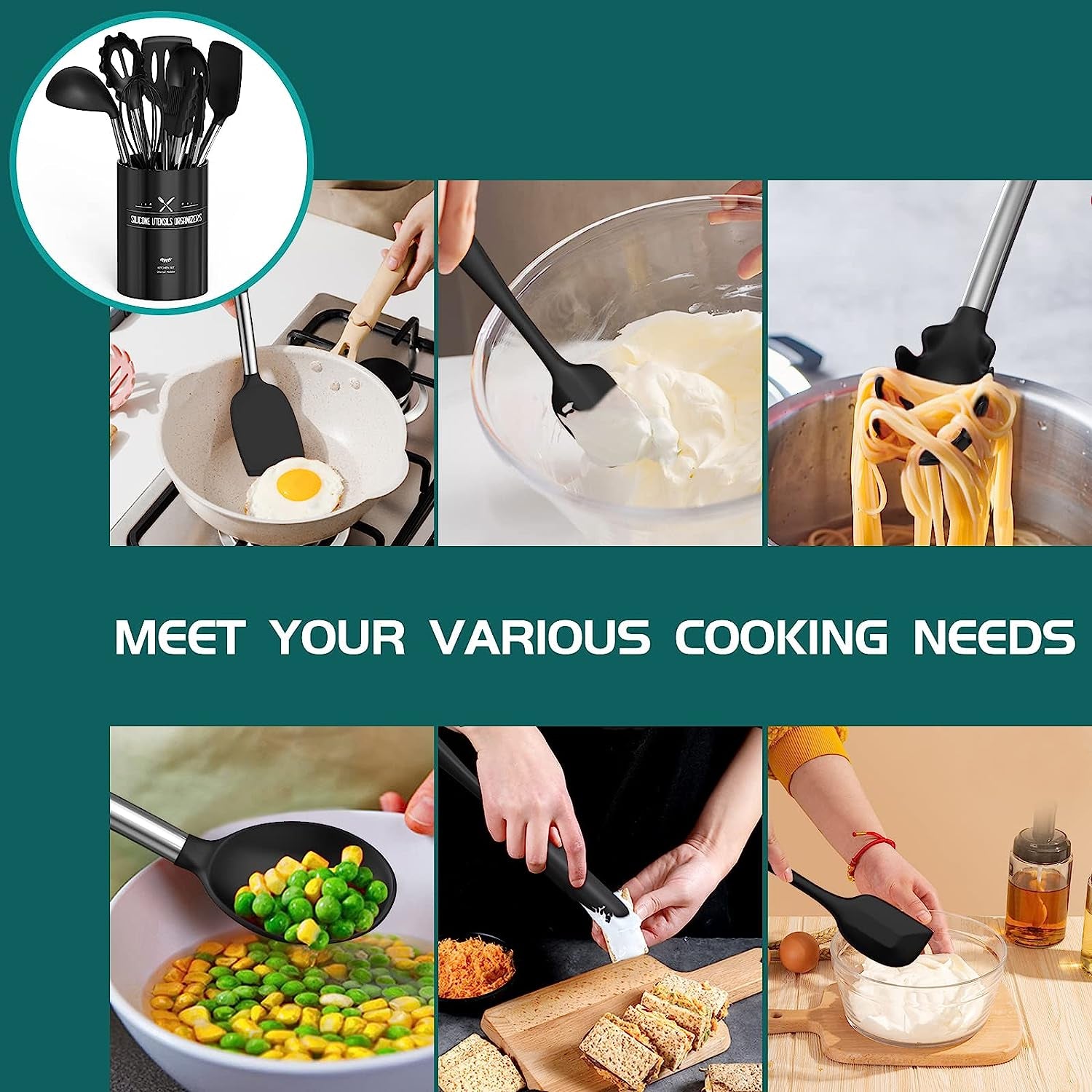 Silicone Cooking Utensil Set, Umite Chef 15Pcs Silicone Cooking Kitchen Utensils Set, Non-Stick - Best Kitchen Cookware with Stainless Steel Handle - Black
