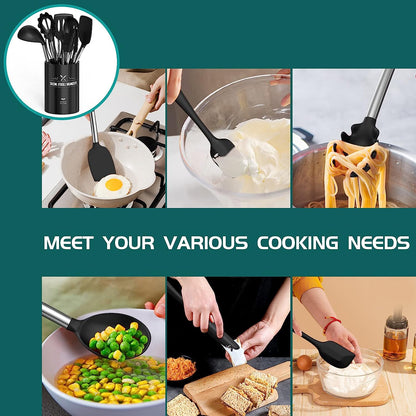 Silicone Cooking Utensil Set, Umite Chef 15Pcs Silicone Cooking Kitchen Utensils Set, Non-Stick - Best Kitchen Cookware with Stainless Steel Handle - Black