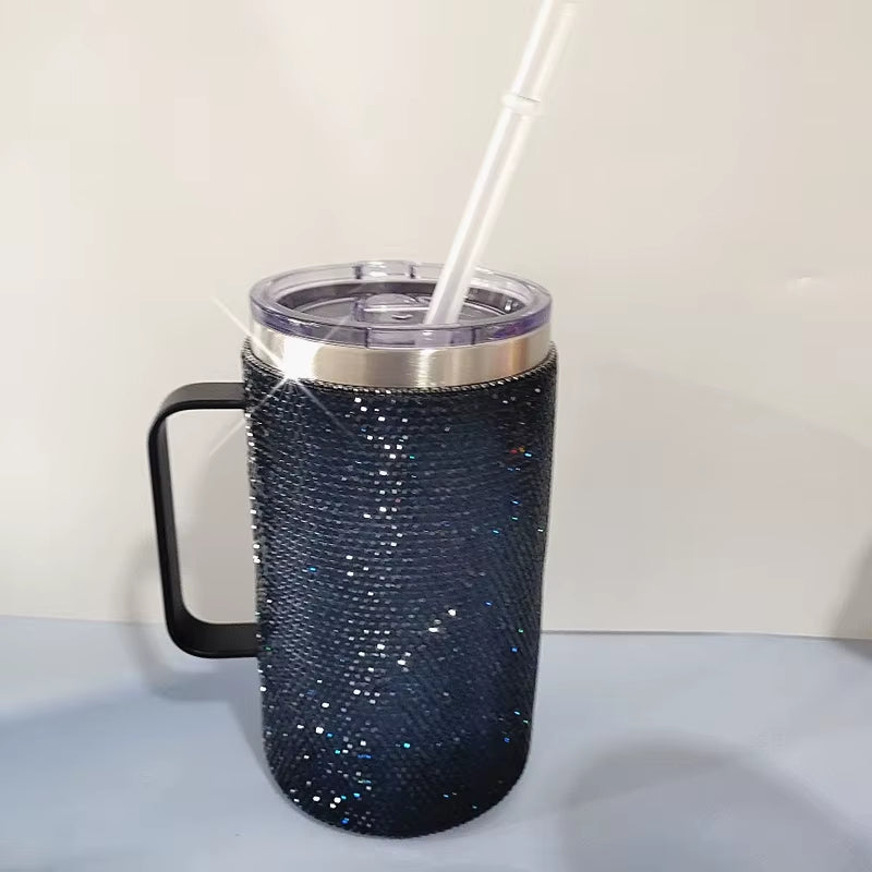 720Ml Stainless Steel Rhinestone Coffee Travel Cup with Handle Lid Diamond Vacuum Insulated Mug Bling Water Bottle Women Gifts