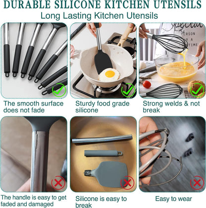 Silicone Cooking Utensil Set, Umite Chef 15Pcs Silicone Cooking Kitchen Utensils Set, Non-Stick - Best Kitchen Cookware with Stainless Steel Handle - Black
