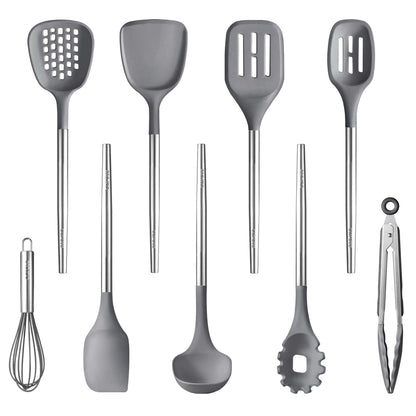 CAROTE 9PCS Kitchen Utensils Set Silicone Kitchen Utensils Set with Stainless Steel Handle for Non-Stick Cookware Set Dishwasher Safe Grey