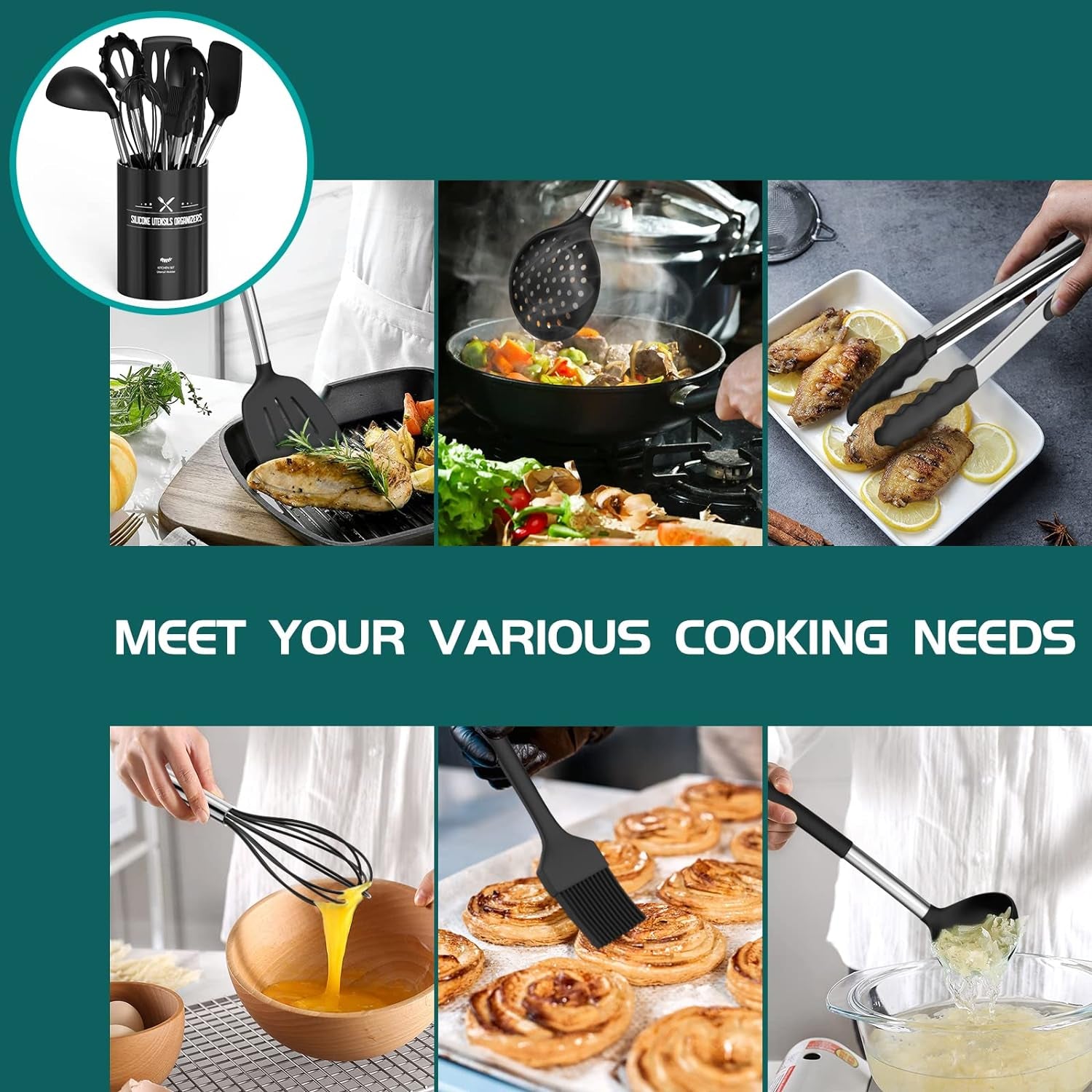 Silicone Cooking Utensil Set, Umite Chef 15Pcs Silicone Cooking Kitchen Utensils Set, Non-Stick - Best Kitchen Cookware with Stainless Steel Handle - Black