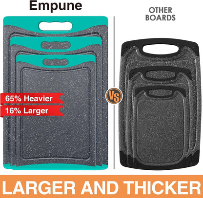 Extra Large Cutting Boards, Plastic Cutting Boards for Kitchen (Set of 3) Cutting Board Set Dishwasher Chopping Board with Juice Grooves Easy-Grip Handles, Turquoise, Empune