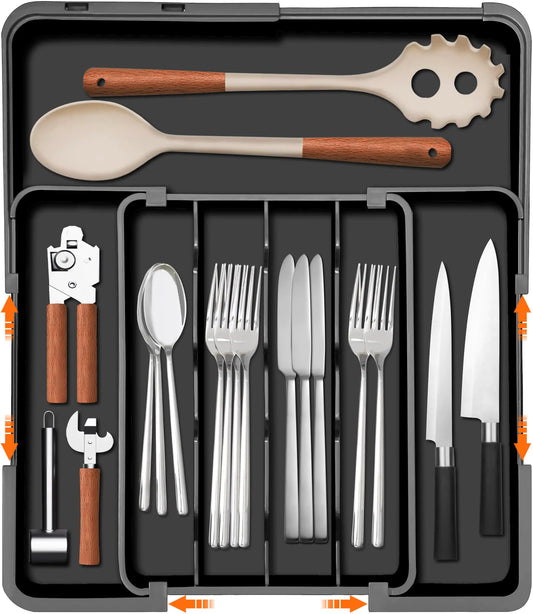 Homecor Silverware Organizer Adjustable Kitchen Drawer Organizer with 7 Slots Expandable Cutlery Drawer Organizer for Utensils Kitchen Utensil Storage Tray for Forks Knives Spoons Anti-Slip Black