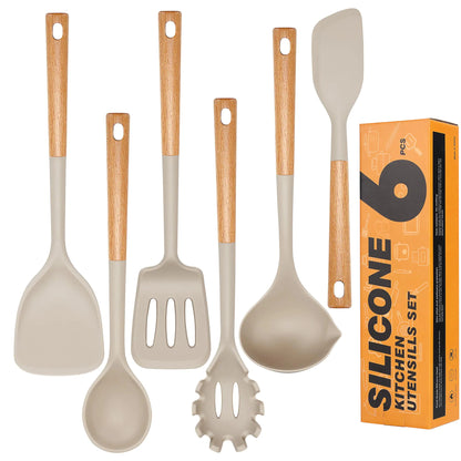 Kitchen Utensils Set Hvygss 6Pcs Large Silicone Cooking Utensils Set 446℉ Heat Resistant Non-Stick Silicone Utensils for Cooking with Wooden Handle BPA FREE Kitchen Gadgets Spatula Spoon (Khaki)
