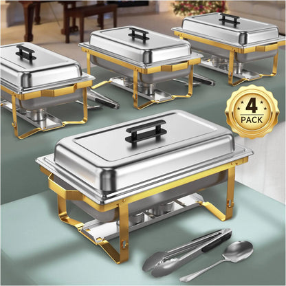 KScocina Chafing Dish Buffet Set 4 Pack 9.5QT Chafing Dish High Grade Stainless Steel Chafer Complete Set Gray Handle Kitchen and Dining Utensils (Golden 4)
