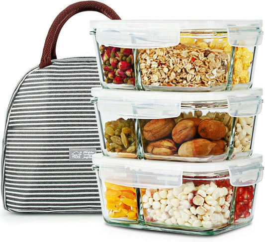 DAS TRUST 3 Pack 36Oz Bento Box Glass Meal Prep Containers with 3 Compartments, Glass Food Storage Containers with Lids, Meal Prep Bowls, Lunch Box, Oven & Microwave Safe