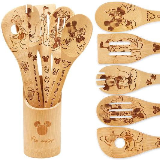 BOZICRE Wooden Spoons for Cooking Bamboo Cooking Kitchen Utensils Set Housewarming Birthday Anniversary Present for Friend (6PCS)