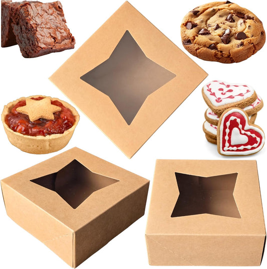 BAKELUV 25 Pcs Brown Bakery Boxes with Window 6X6X2.5 Inches Cookie Boxes, Pastry, Treats, Dessert, Small Cake, Brownie, Cupcakes, Chocolate Covered Strawberries | Auto-Popup |