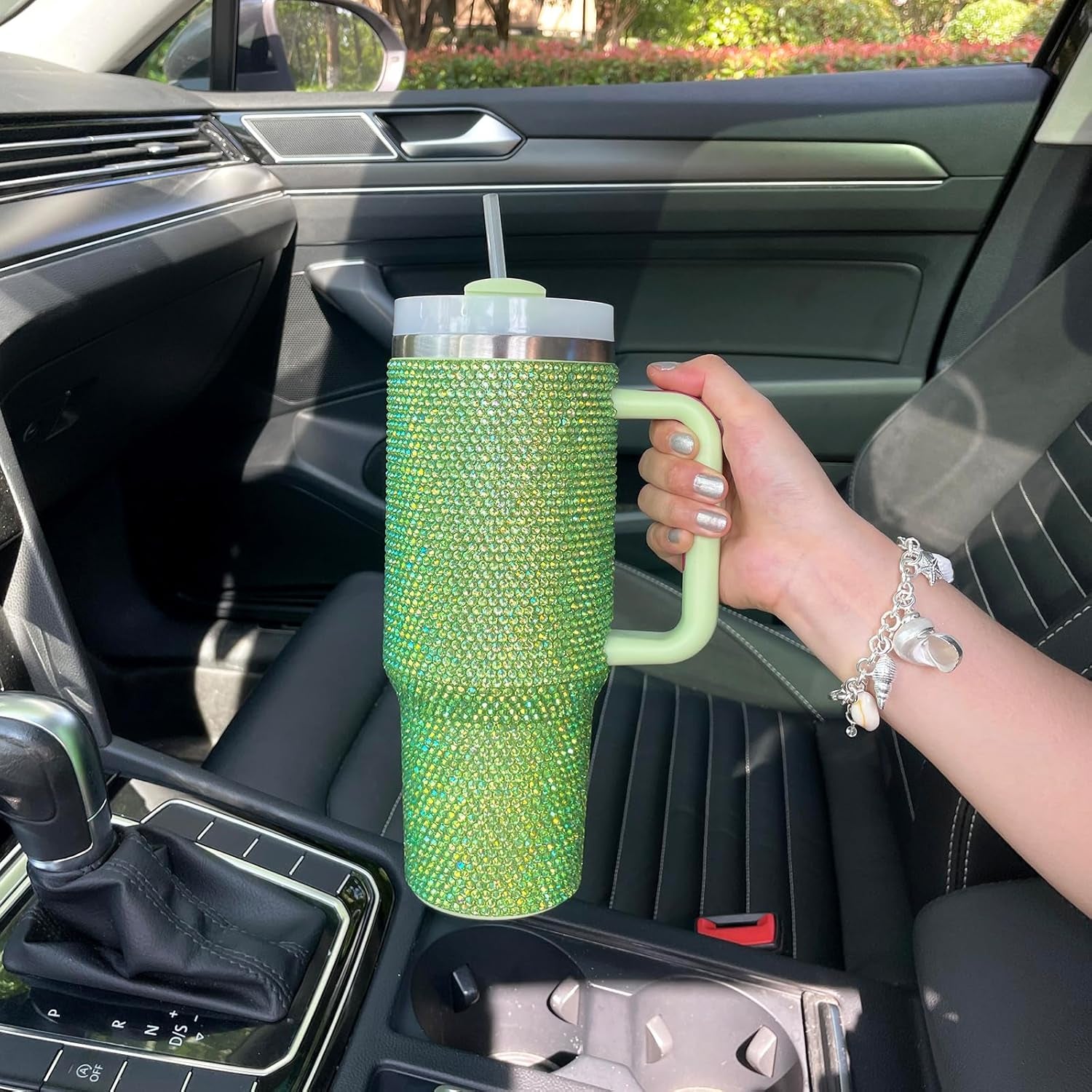 40Oz Bling Tumbler with Handle and Straw Lid Rhinestone Studded Tumbler Cups Vac
