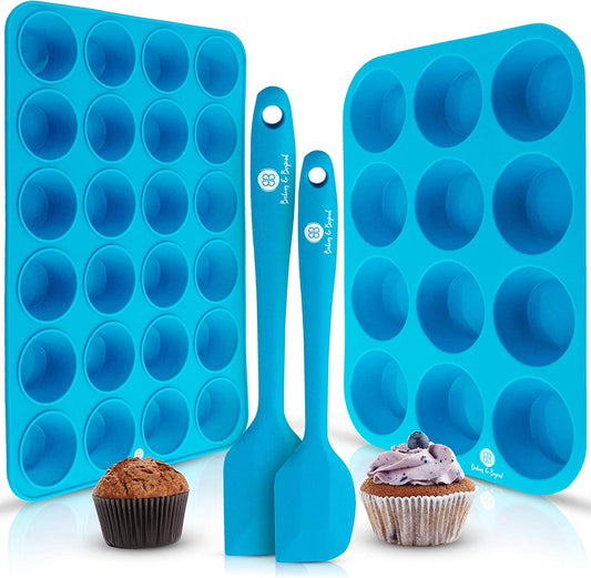 Baking & beyond Premium Silicone Muffin Pan - Non Stick Silicone Cupcake Pan - 12 Cup Muffin Tray, 24 Cups Mini Cupcakes Pans - Silicon Muffin Molds - Silicone Baking Set - 2 Spatulas - Recipe E-Book