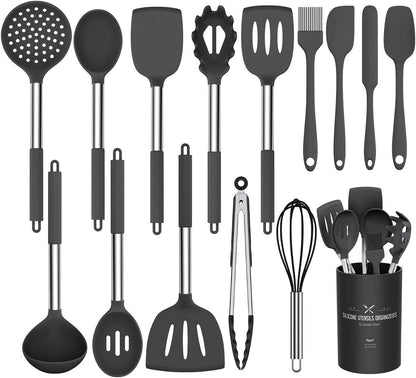 Silicone Cooking Utensil Set, Umite Chef 15Pcs Silicone Cooking Kitchen Utensils Set, Non-Stick - Best Kitchen Cookware with Stainless Steel Handle - Black