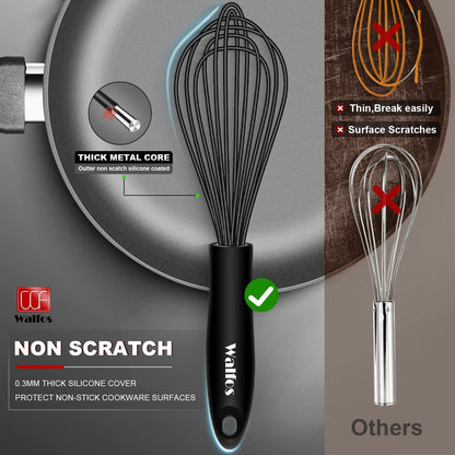 Walfos Silicone Whisk, Stainless Steel Wire Whisk - Heat Resistant Kitchen Whisks for Non-Stick Cookware, Balloon Egg Beater Perfect for Blending, Whisking, Beating, Frothing & Stirring, 8.5", Black