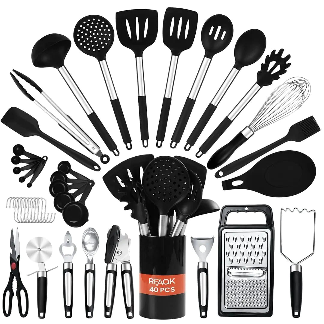 40PCs Silicone Cooking Utensils Set 446℉ Heat Resistance RFAQK BPA Free Kitchen Utensils Set for Nonstick Cookware Gadgets includes Can Opener Potato SmasherPeelerTongsSpatula SetPizza Cutter