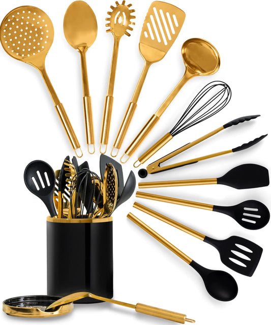 Styled Settings Black and Gold Cooking Utensils Set -13 PC Black and Gold Kitchen Utensils Set Includes Black Ceramic Utensil Holder with Stackable Black & Gold Spoon Rest - Gold Kitchen Accessories