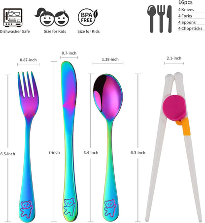 Kids Silverware, Poylim Stainless Steel Children Flatware Set, Toddler Utensils Set of 4, Rainbow