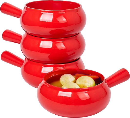 Bruntmor 17 Oz round Soup Bowl with Handle Set of 4, 17 Ounce Small French Onion Soup Crocks in Red Color for Kitchen or Dinner Table Decoration