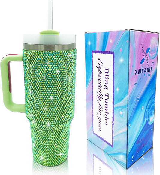 40Oz Bling Tumbler with Handle and Straw Lid Rhinestone Studded Tumbler Cups Vac