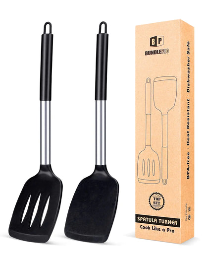Pack of 2 Silicone Solid Turner Non Stick Slotted Kitchen Spatulas High Heat Resistant BPA Free Cooking Utensils Ideal Cookware for Fish Eggs Pancakes(Black)