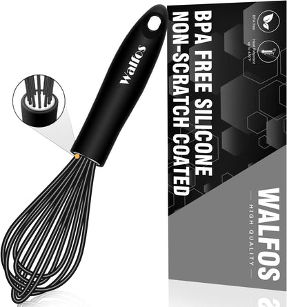 Walfos Silicone Whisk, Stainless Steel Wire Whisk - Heat Resistant Kitchen Whisks for Non-Stick Cookware, Balloon Egg Beater Perfect for Blending, Whisking, Beating, Frothing & Stirring, 8.5", Black
